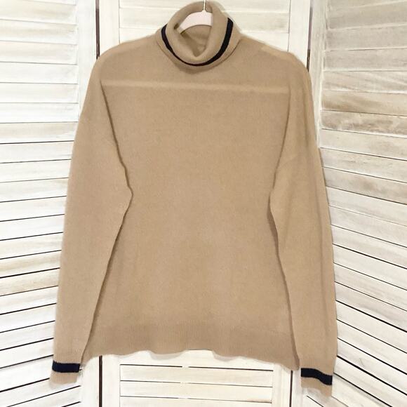 Jumper 1234 100% Cashmere Turtleneck Sweater Tan Navy 3 L - Picture 1 of 11